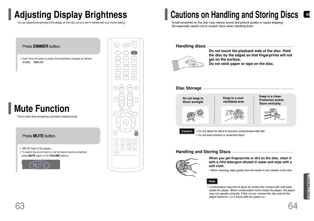 Samsung HT-RP16R/XFO manual Adjusting Display Brightness, Mute Function, Press Dimmer button, Press Mute button 