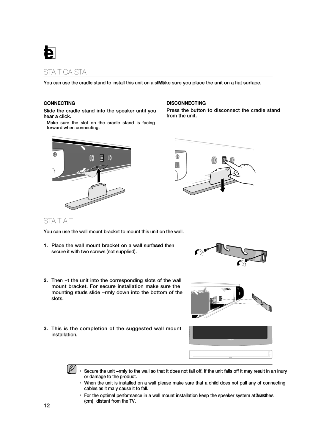 Samsung HT-SB1 user manual Connections, INSTAllING the Cradle Stand, INSTAllING the WAll Mount 