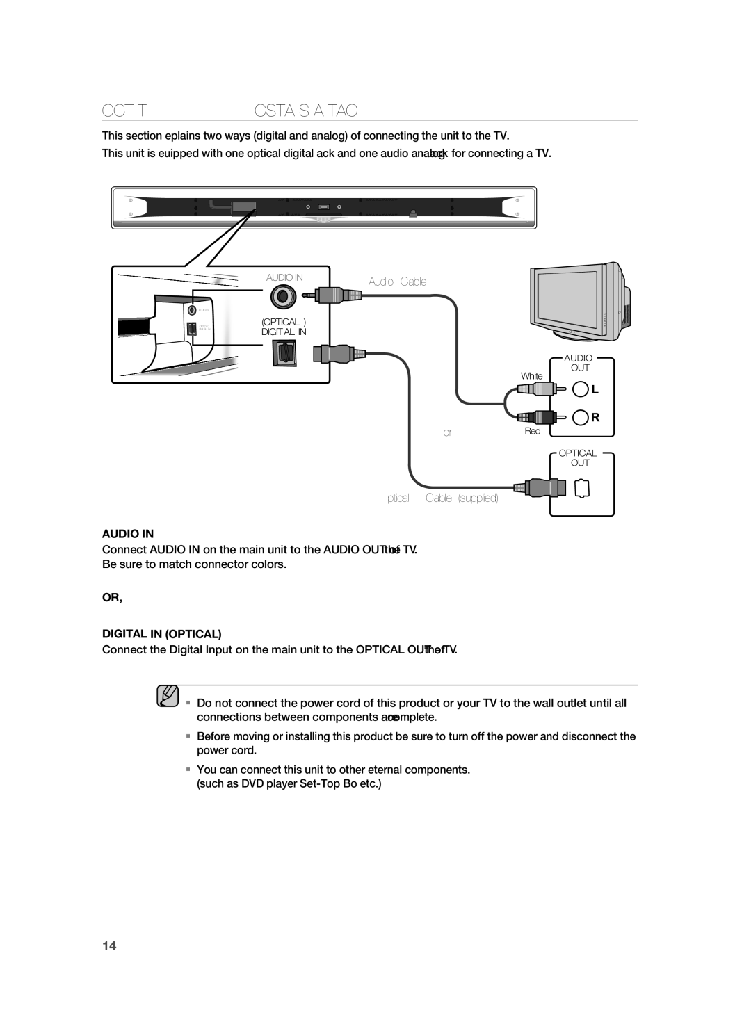 Samsung HT-SB1 user manual Connecting the Crystal Surround AIR Track, OrRed, Optical Cable supplied 