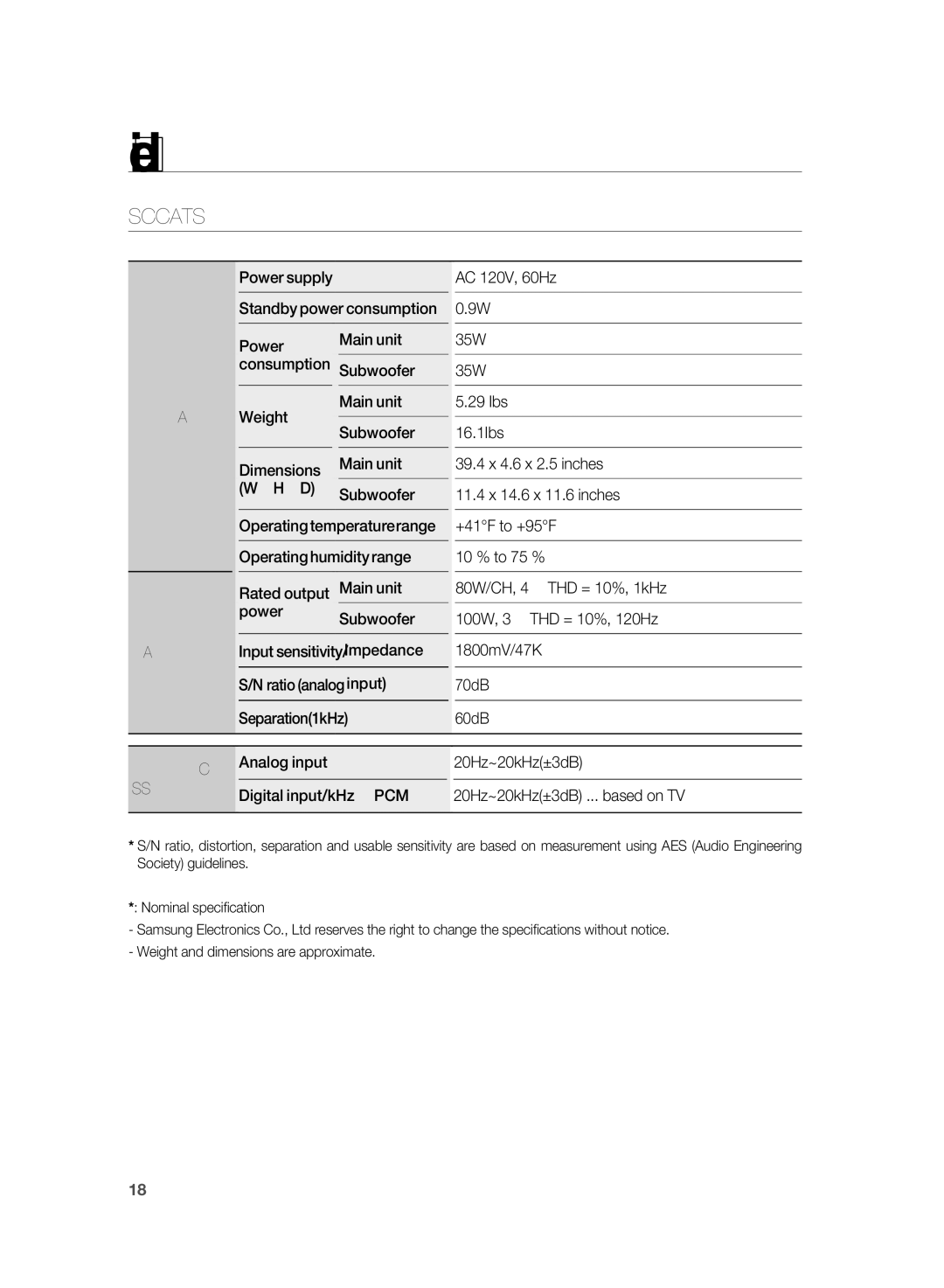 Samsung HT-SB1 user manual Appendix, Specifications, Power supply 