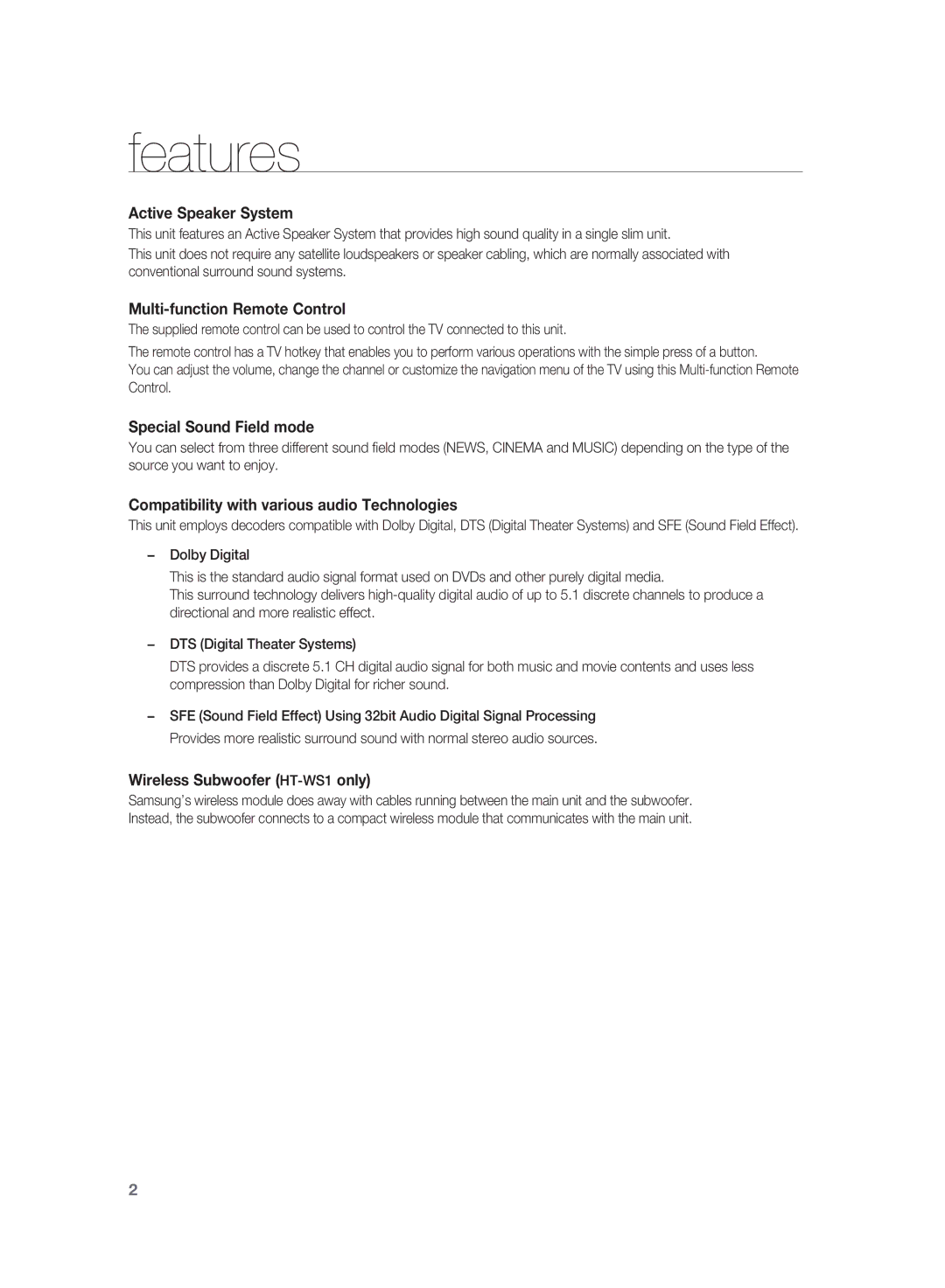 Samsung HT-SB1 user manual Features, Active Speaker System 