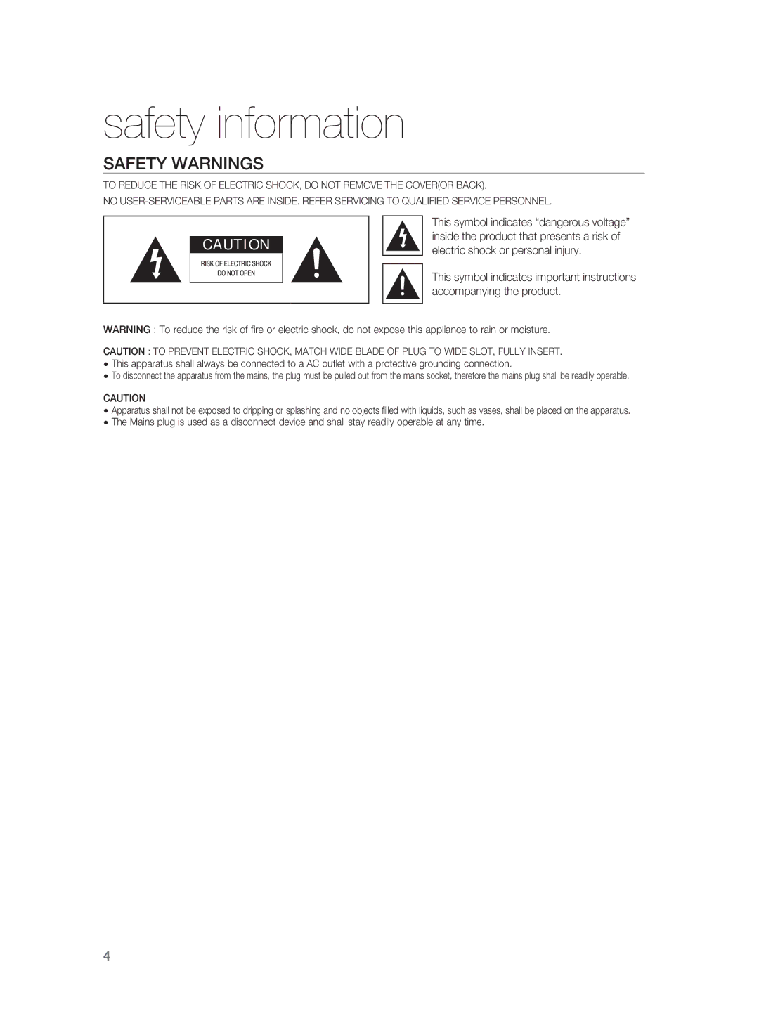 Samsung HT-SB1 user manual Safety information, Safety Warnings 