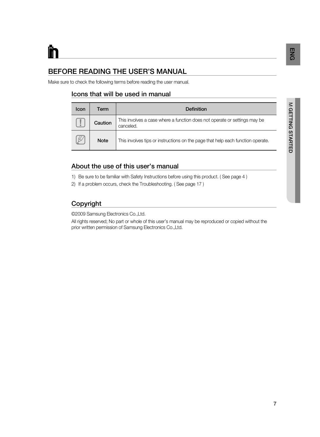 Samsung HT-SB1 Getting started, Before Reading the User’s Manual, Icon Term Definition, Canceled, EnG S g intarted Gett 