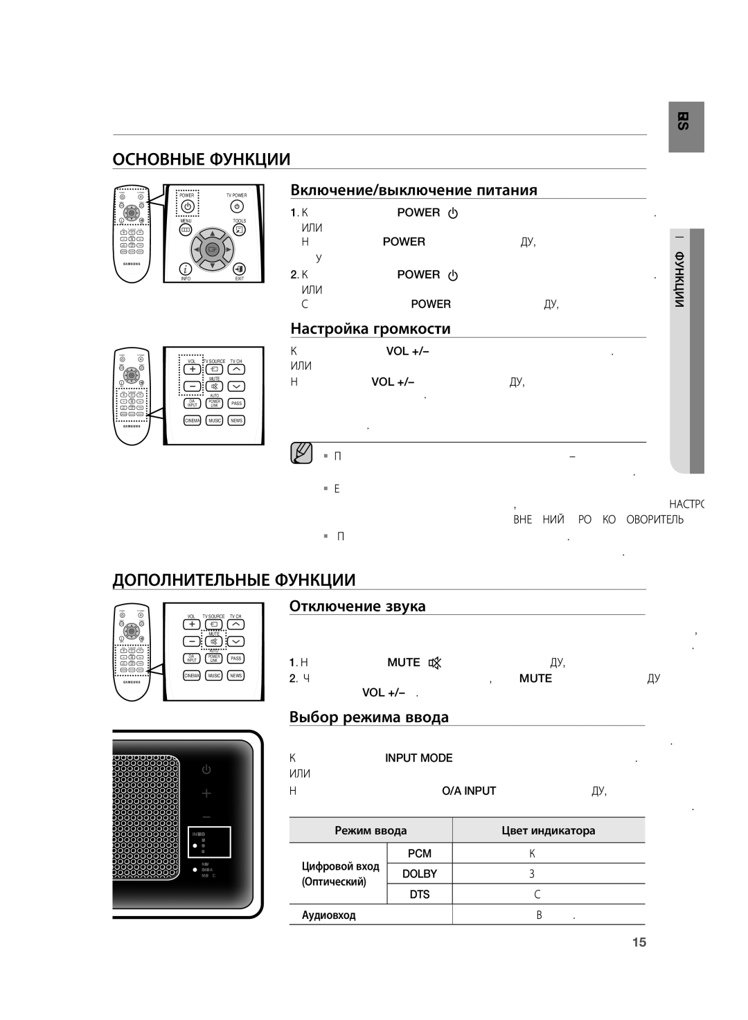 Samsung HT-WS1R/XER, HT-SB1G/XER manual Основные Функции, Дополнительные Функции, Или 