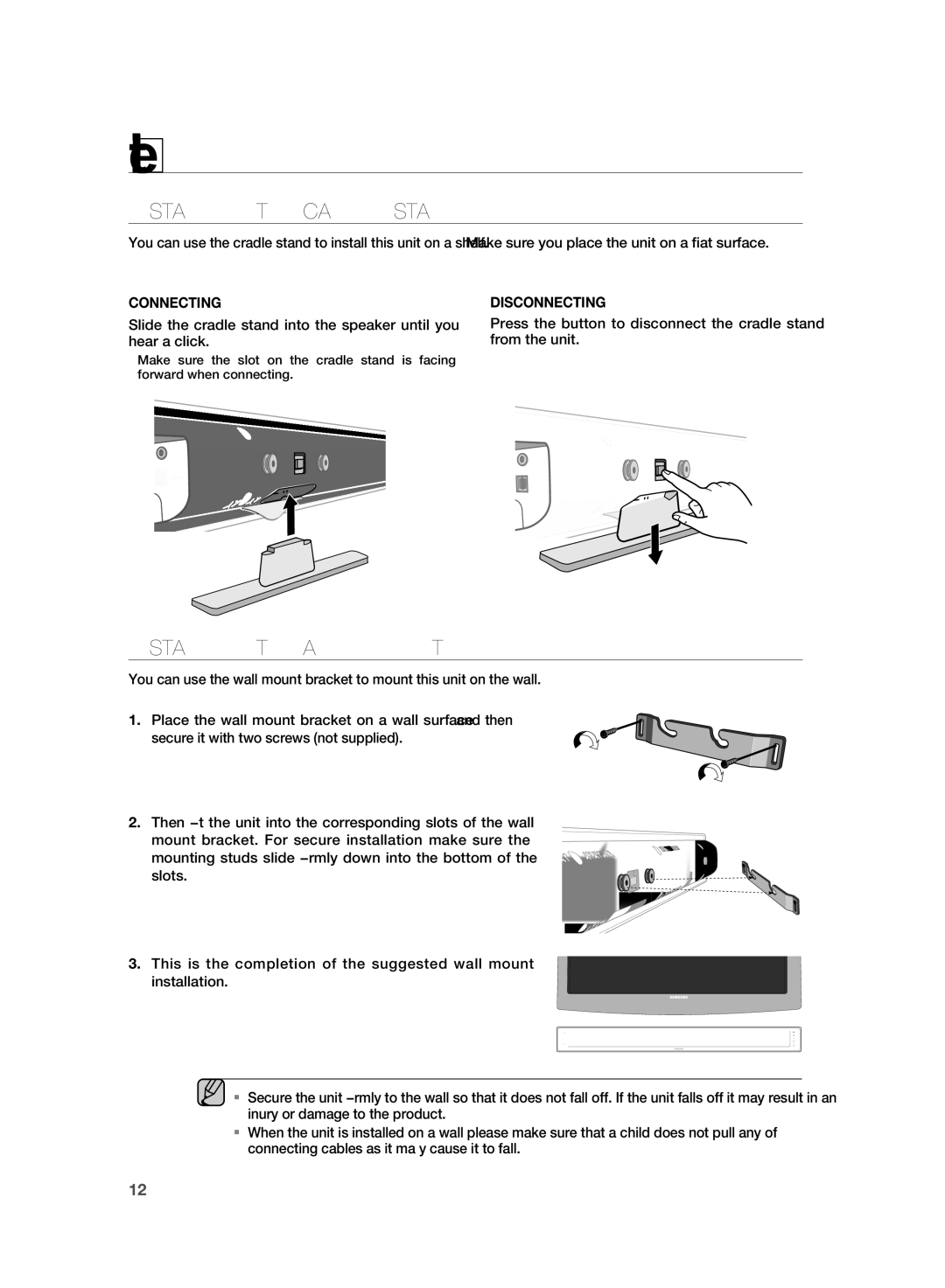 Samsung HT-SB1G/XER, HT-WS1R/XER manual Connections, INSTAllING the Cradle Stand, INSTAllING the WAll Mount 