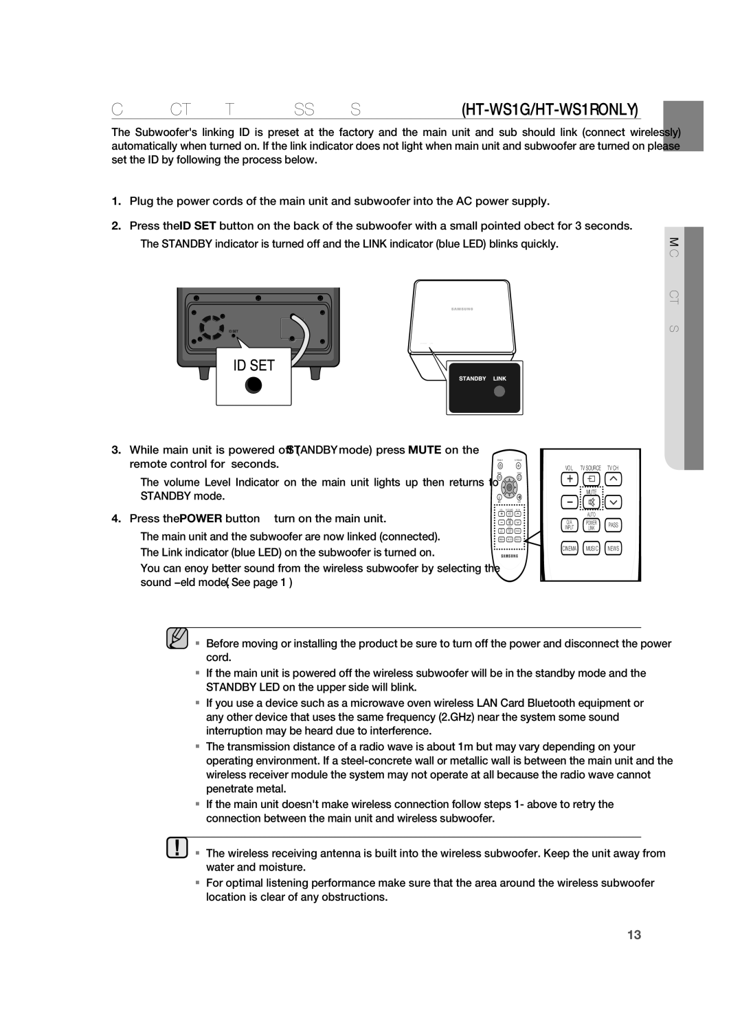 Samsung HT-WS1R/XER, HT-SB1G/XER manual Connecting the WIrElESS SUBWOOFEr HT-WS1G/HT-WS1R only 