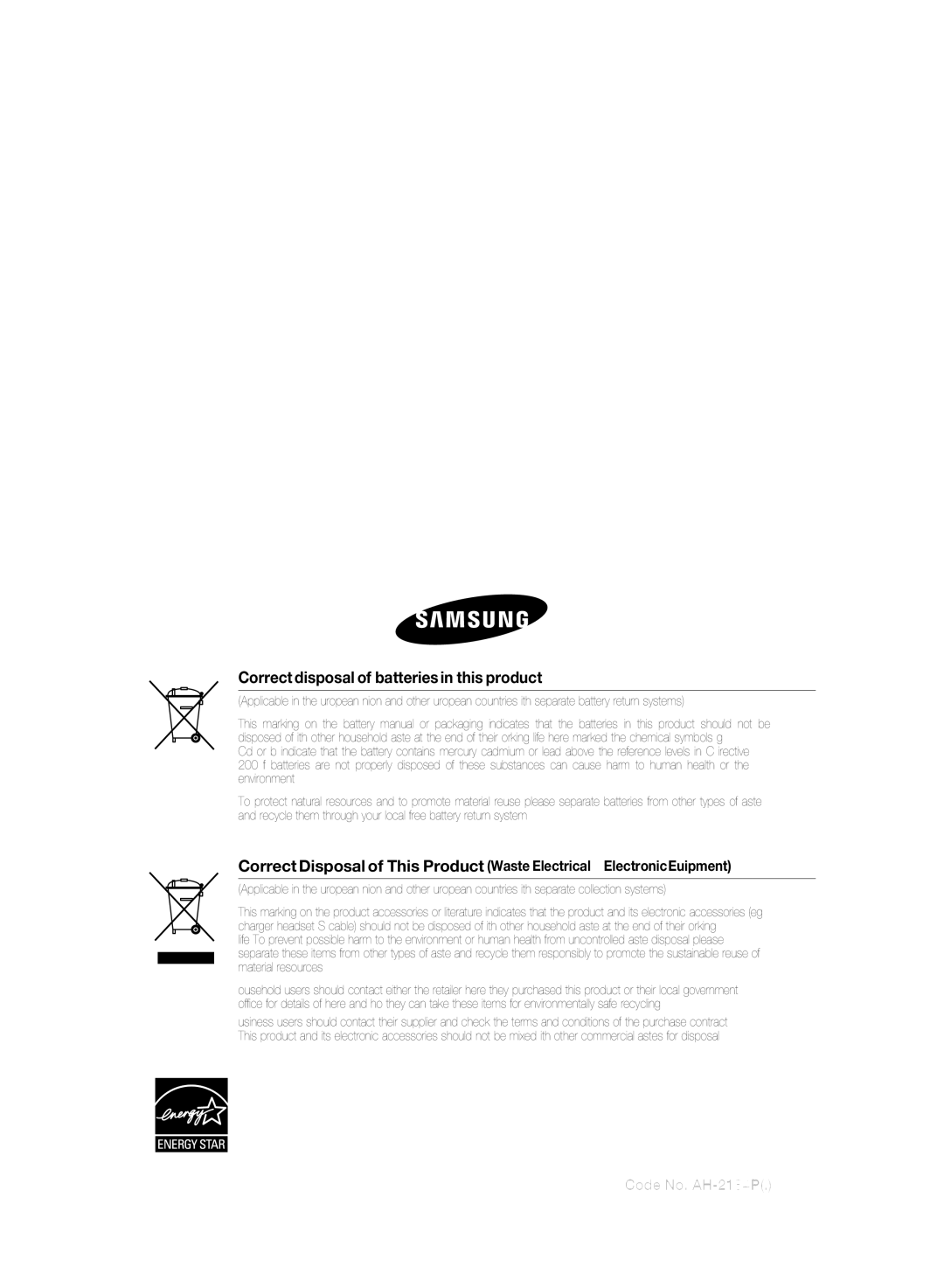 Samsung HT-SB1G/XER, HT-WS1R/XER manual Correct disposal of batteries in this product, Code No. AH68-02184P0.0 