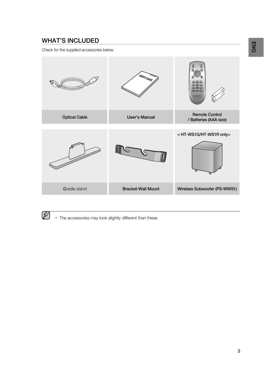 Samsung HT-WS1R/XER, HT-SB1G/XER manual WHAT’s inclUDED, Check for the supplied accessories below, Optical Cable 