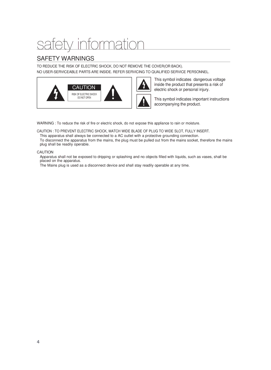 Samsung HT-SB1G/XER, HT-WS1R/XER manual Safety information, Safety Warnings 