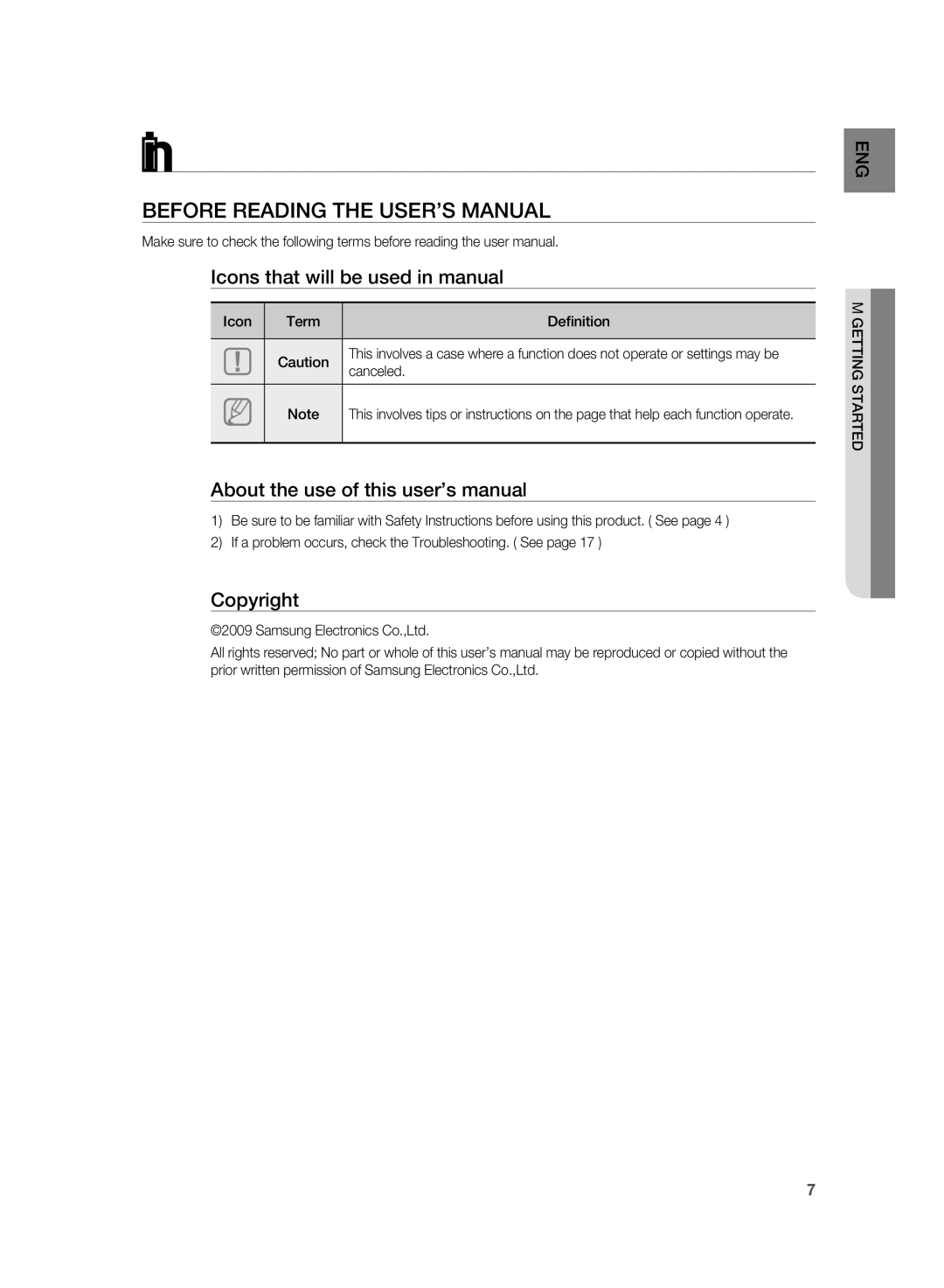 Samsung HT-WS1R/XER Getting started, Before Reading the User’s Manual, Icon Term Definition, Canceled, Getting Started 