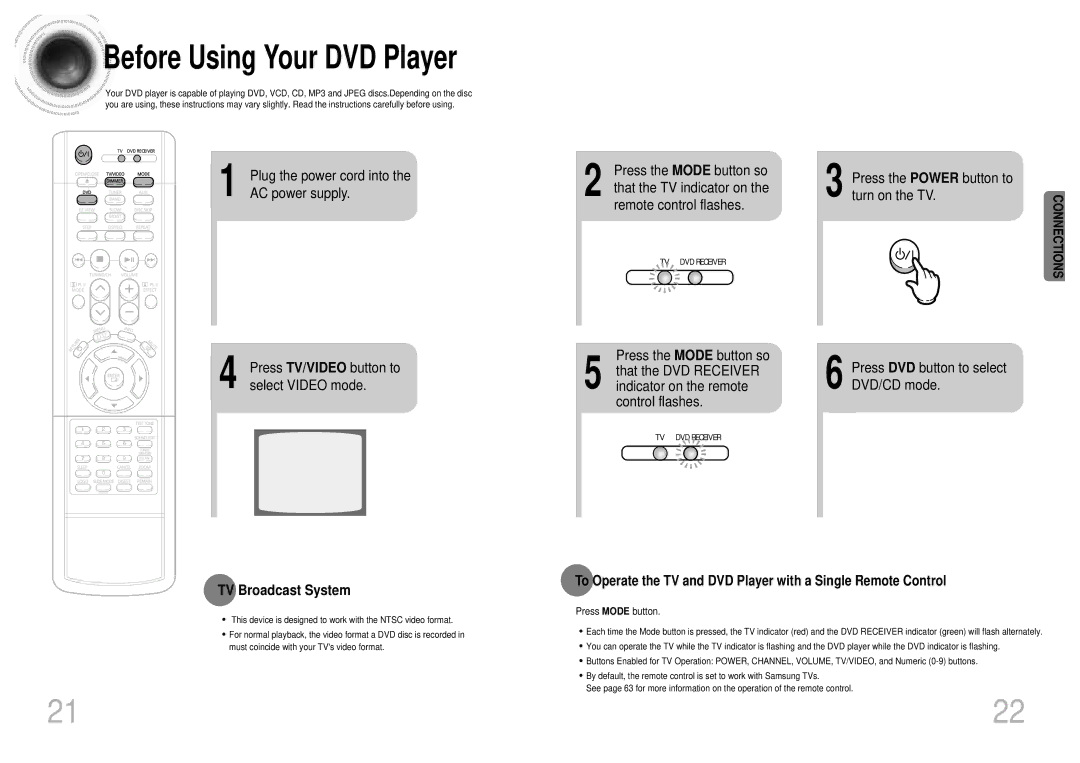 Samsung HT-SK5 instruction manual Power cord into, Power supply, TV Broadcast System, Press Mode button 