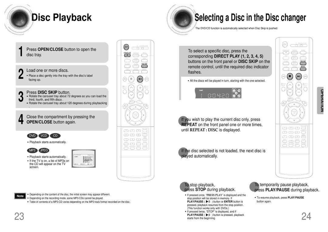 Samsung HT-SK5 instruction manual Disc Playback, Corresponding Direct Play 1, 2, 3, 4 