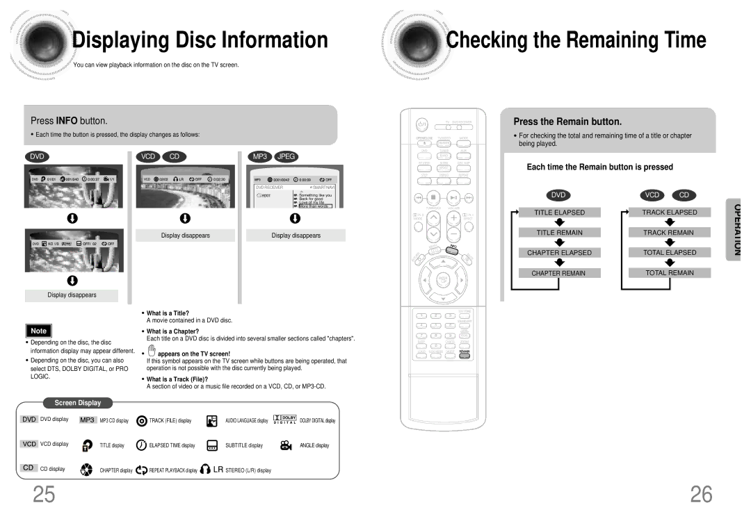 Samsung HT-SK5 instruction manual Displaying Disc Information, Press Info button, Press the Remain button 