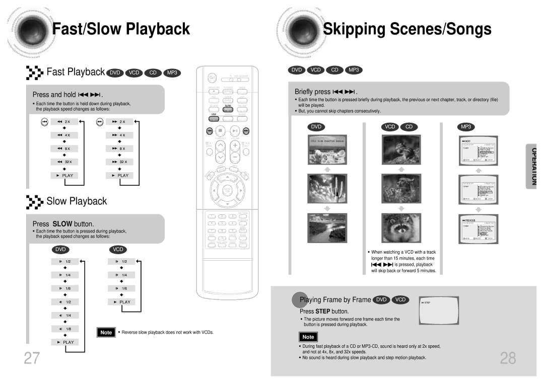 Samsung HT-SK5 instruction manual Fast/Slow Playback, Skipping Scenes/Songs 