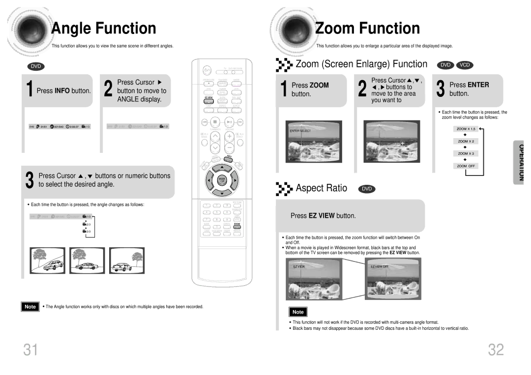 Samsung HT-SK5 instruction manual Angle Function, Zoom Function, Button, Press Enter button, Press EZ View button 