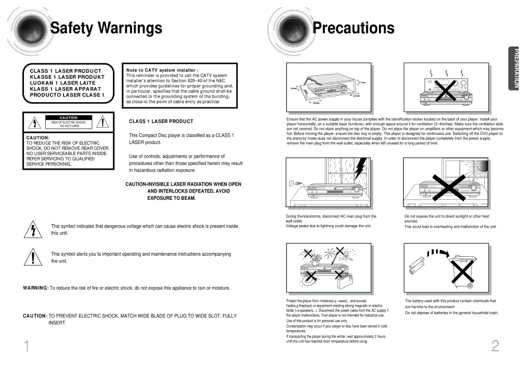 Samsung HT-SK5 instruction manual Safety Warnings Precautions, Class 1 Laser Product 