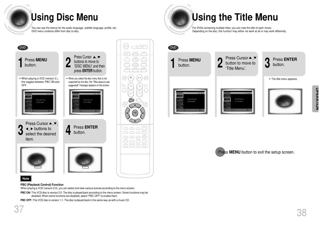 Samsung HT-SK5 Using the Title Menu, Using Disc Menu, Press Menu button, Press Cursor Buttons to select the desired item 