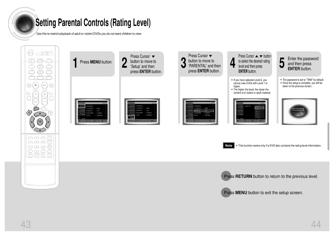 Samsung HT-SK5 instruction manual Setting Parental Controls Rating Level, Enter the password Then press Enter button 