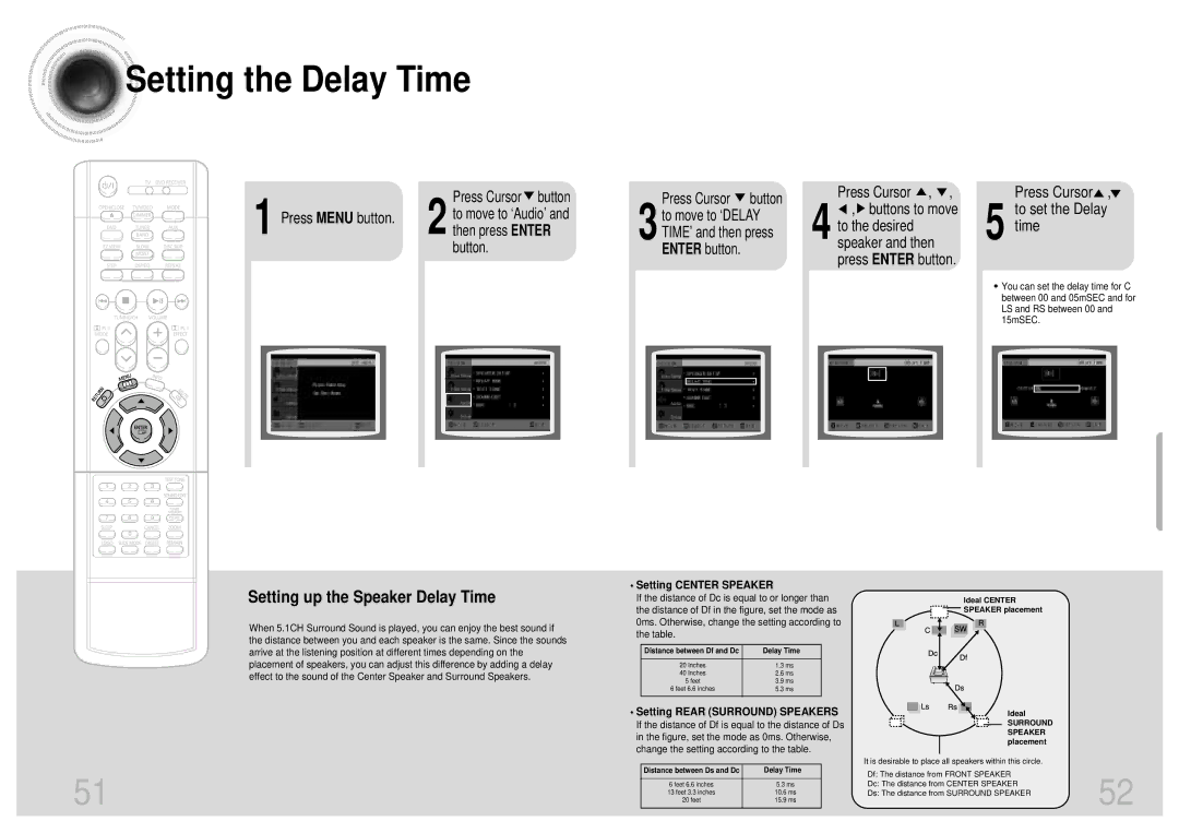 Samsung HT-SK5 instruction manual Setting the Delay Time, Press Cursor , 5 to set the Delay Time, Setting Center Speaker 