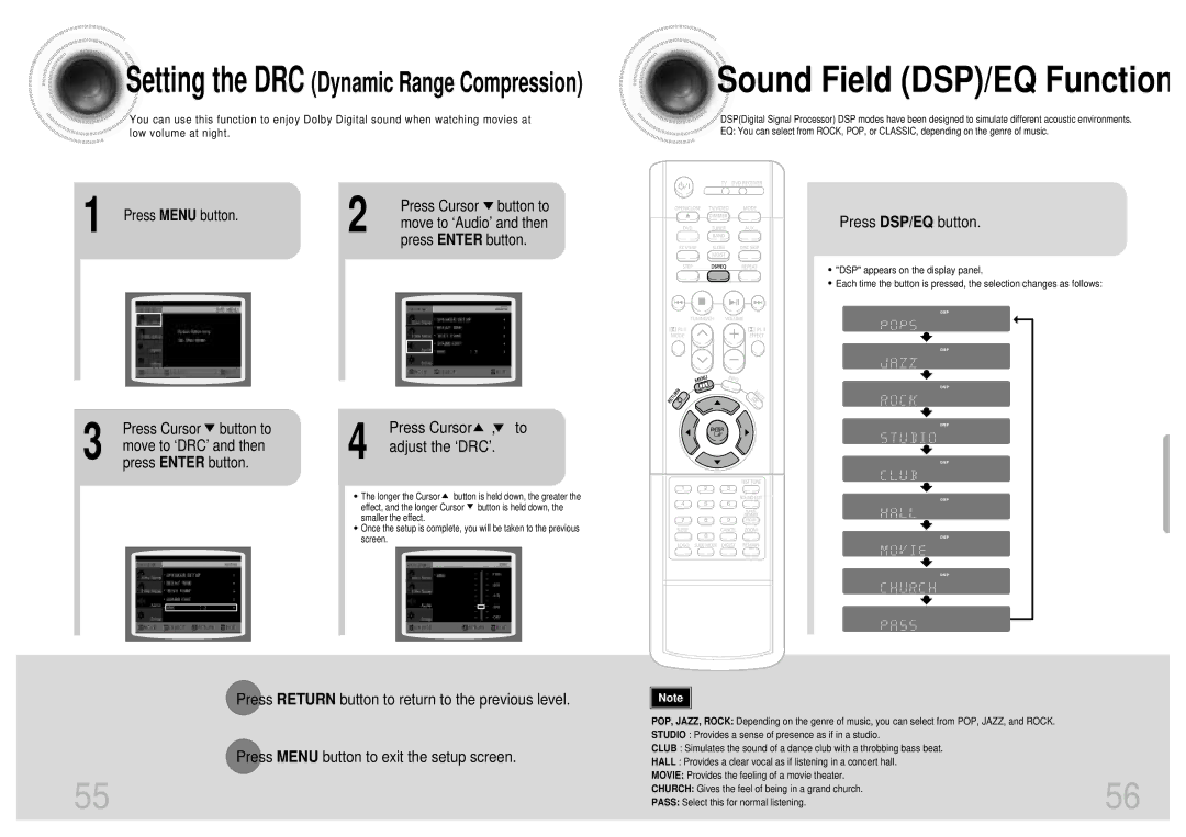 Samsung HT-SK5 Sound Field DSP/EQ Function, Press Cursor button to, Press DSP/EQ button, Move to ‘DRC’ and then 