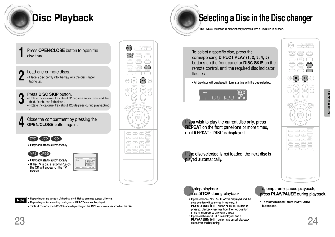 Samsung HT-SK5 instruction manual DiscPlayback, Selectinga Disc in the Disc changer, Operation, corresponding DIRECT PLAY 