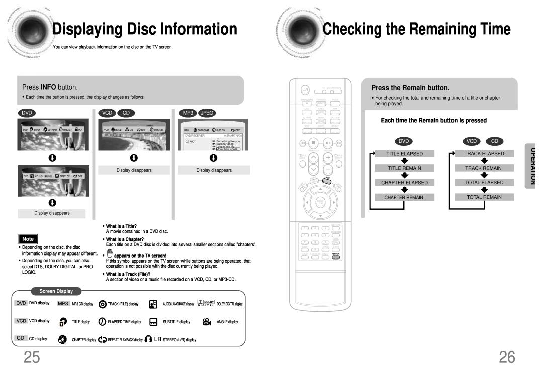 Samsung HT-SK5 Displaying Disc Information, Checking the Remaining Time, Press INFO button, Press the Remain button 