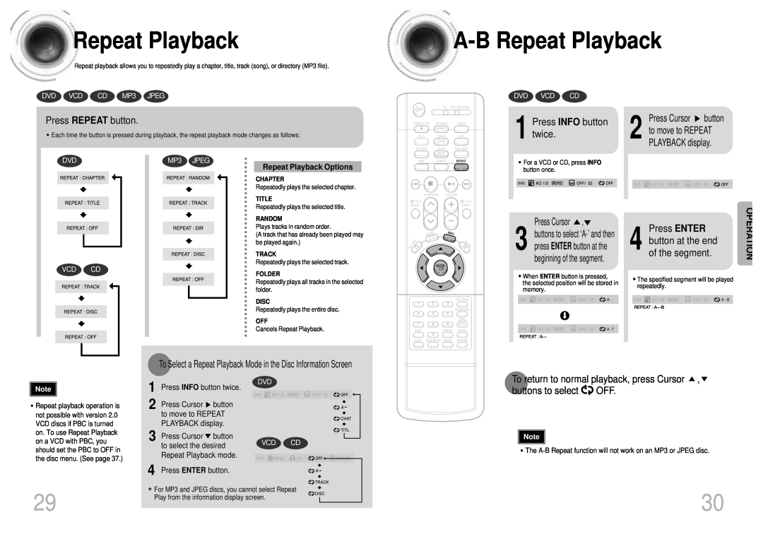 Samsung HT-SK5 RepeatPlayback, A -BRepeat Playback, Press REPEAT button, Press INFO button twice, buttons to select OFF 