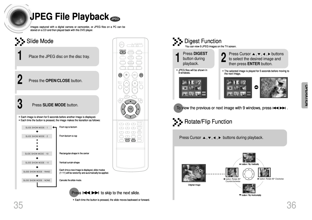 Samsung HT-SK5 instruction manual JPEG File Playback JPEG, Slide Mode, Digest Function, Rotate/Flip Function, Operation 
