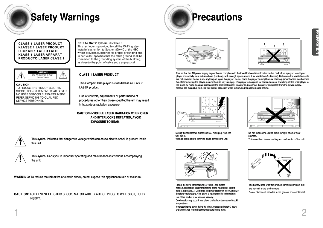 Samsung HT-SK5 instruction manual SafetyWarnings, Precautions, Preparation, CLASS 1 LASER PRODUCT 