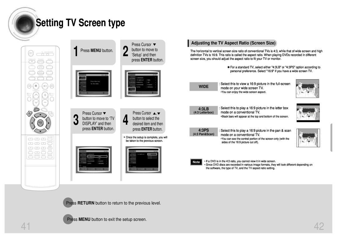 Samsung HT-SK5 Setting TV Screen type, Adjusting the TV Aspect Ratio Screen Size, Press MENU button, WIDE 4 3LB, 4 3PS 