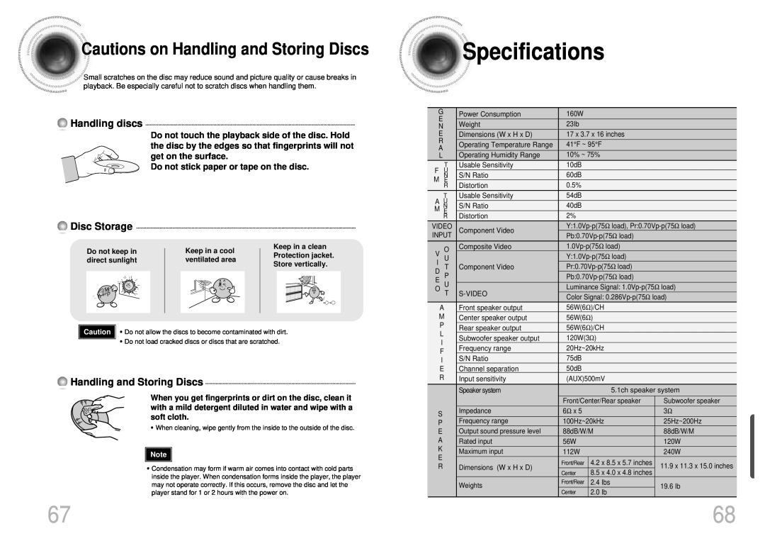 Samsung HT-SK5 Specifications, Cautions on Handling and Storing Discs, Handling discs, Disc Storage, Do not keep in 