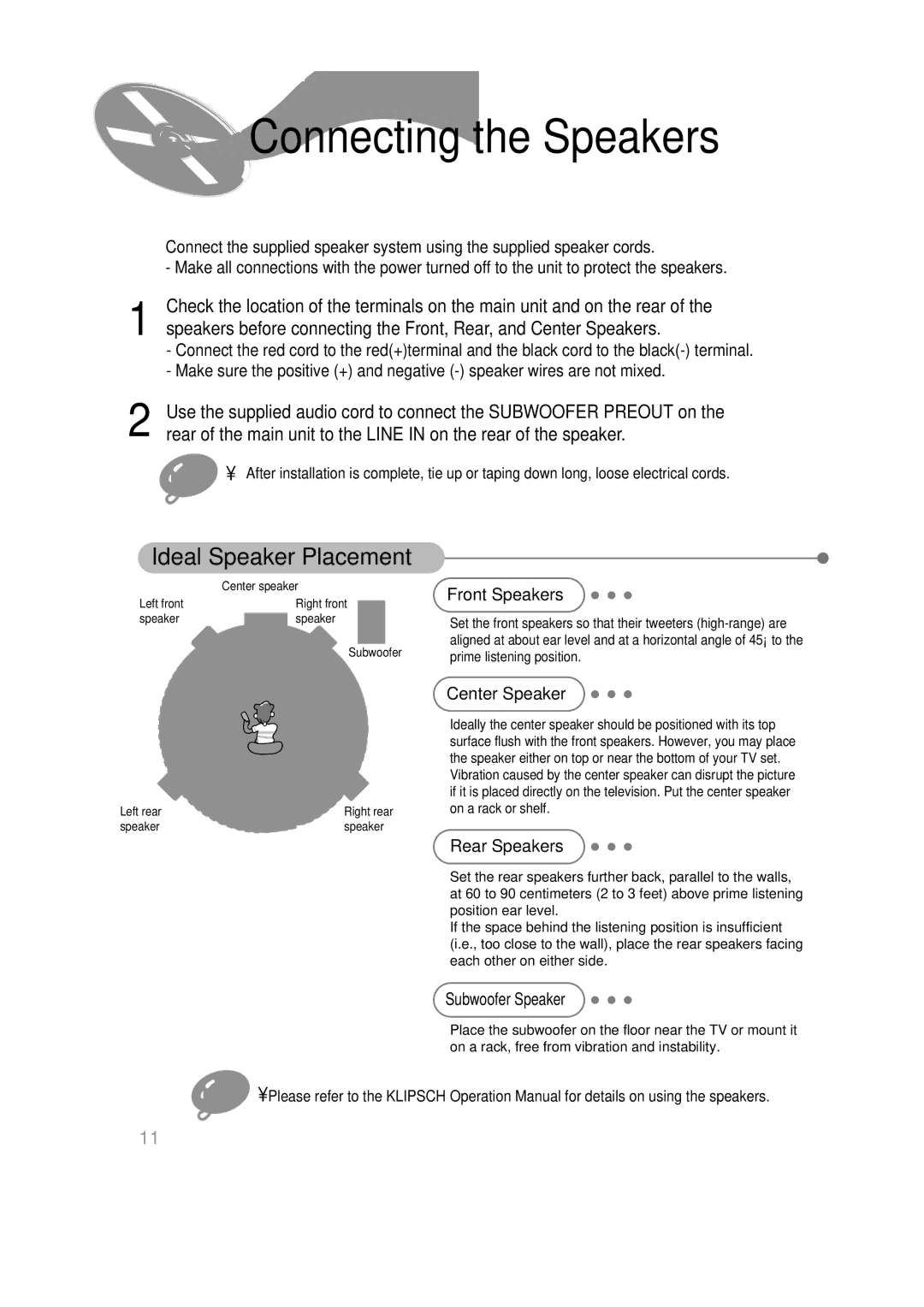 Samsung HT-SK6 instruction manual Front Speakers, Center Speaker, Rear Speakers, Subwoofer Speaker 