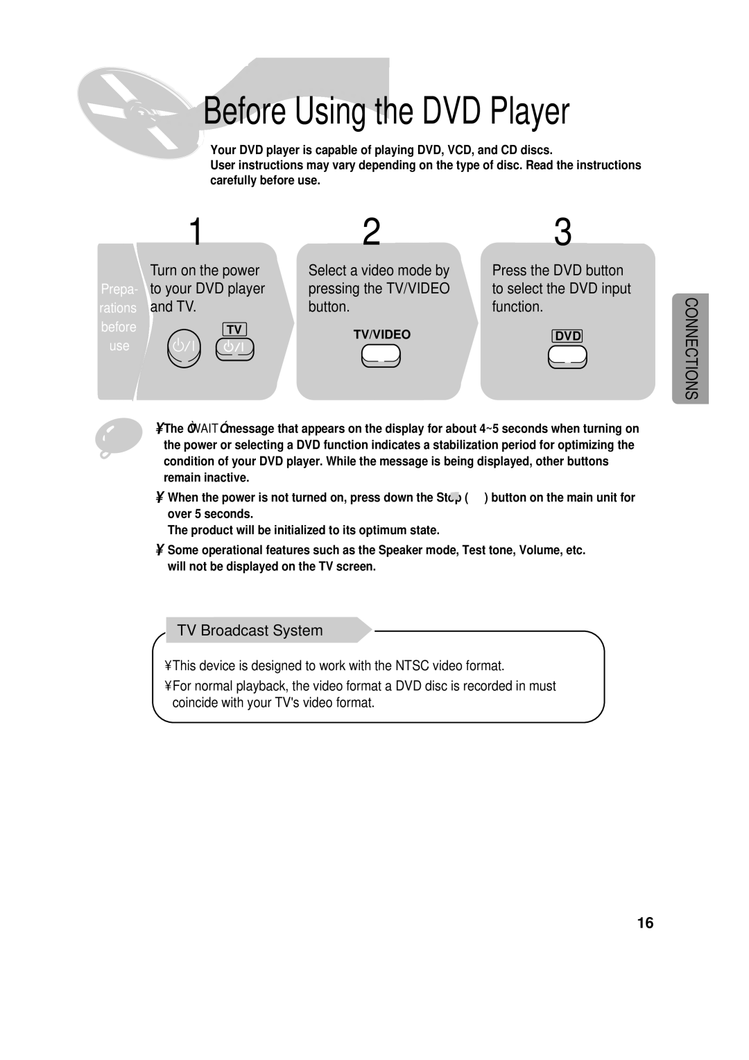 Samsung HT-SK6 Turn on the power Select a video mode by, To your DVD player Pressing the TV/VIDEO, Button Function 