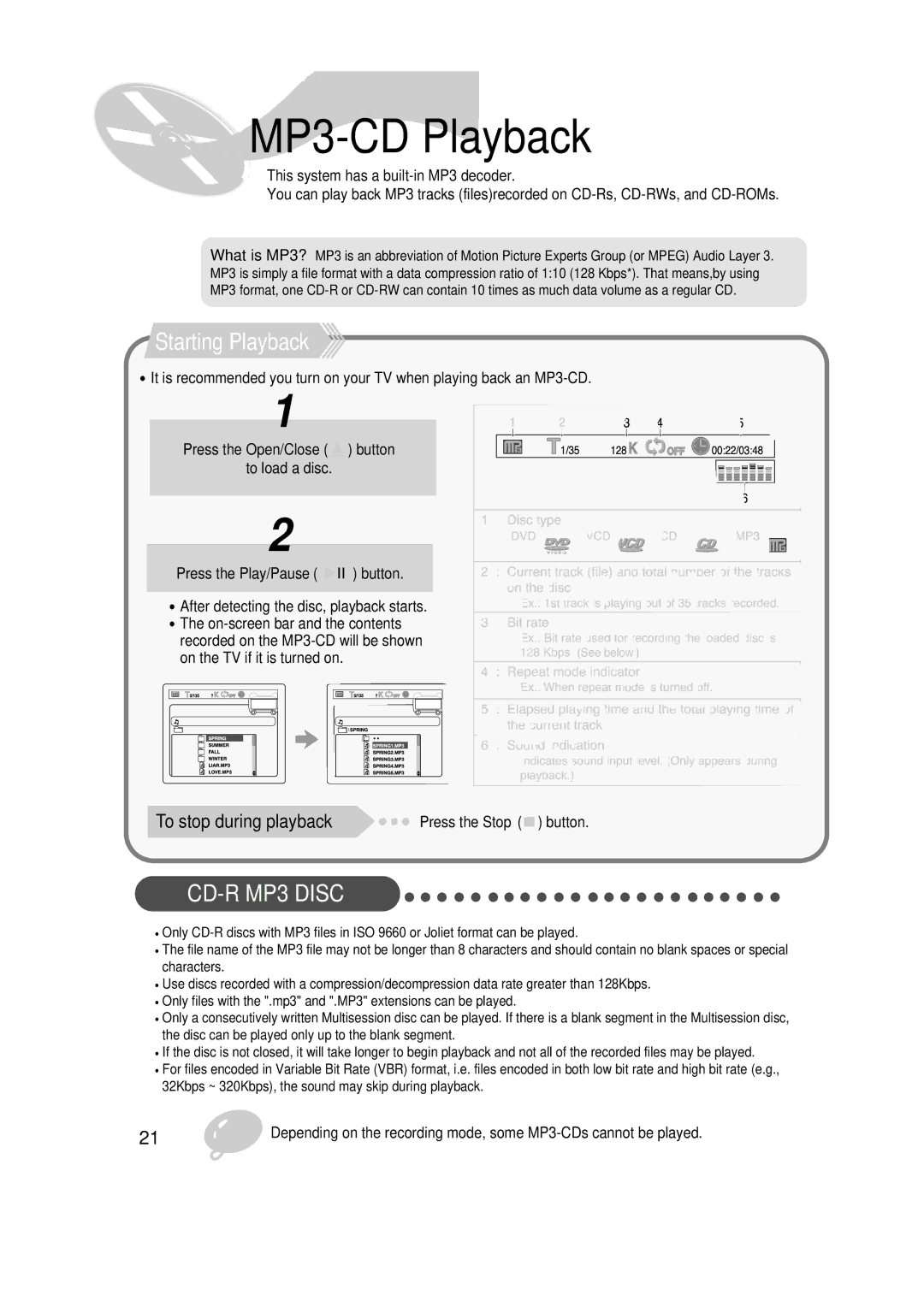 Samsung HT-SK6 instruction manual MP3-CDPlayback, Starting Playback, To stop during playback 