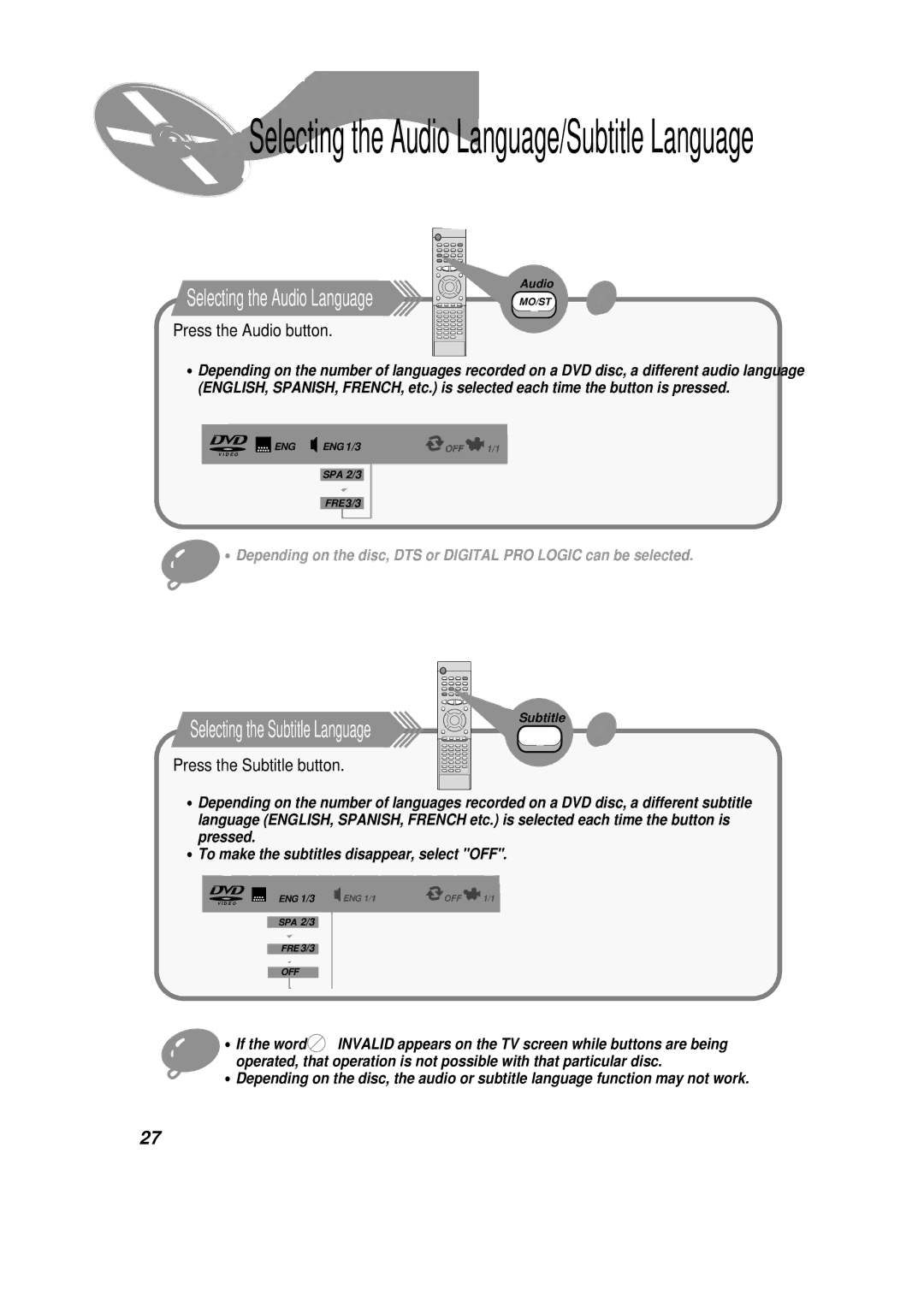 Samsung HT-SK6 instruction manual Press the Audio button, Press the Subtitle button 