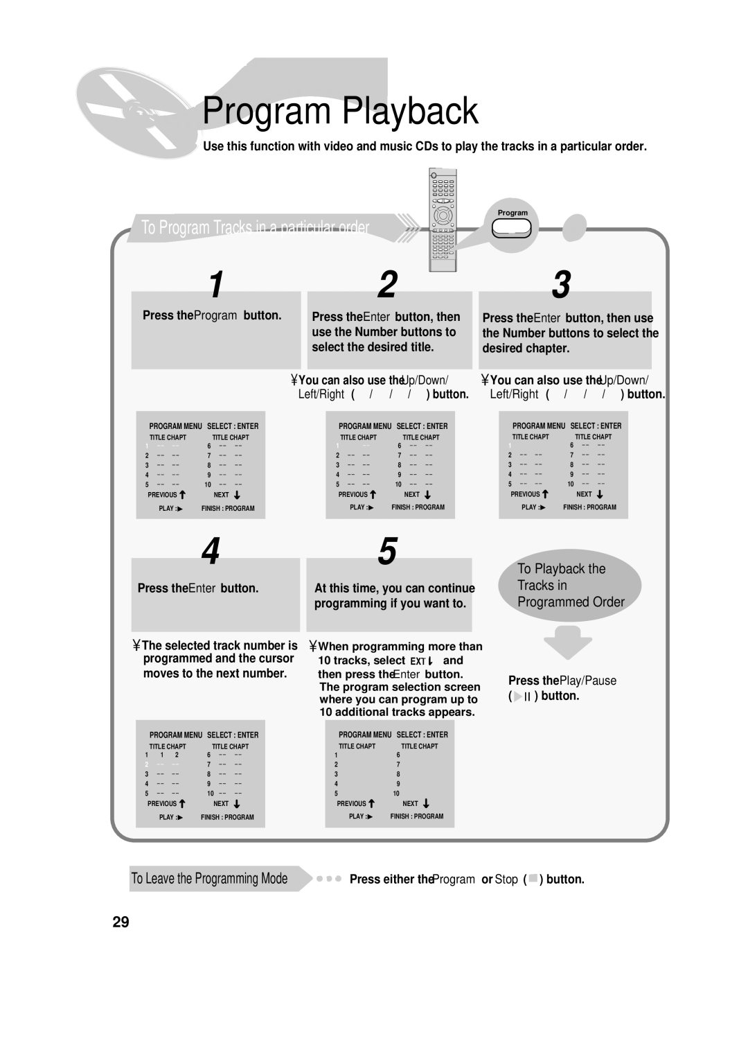 Samsung HT-SK6 instruction manual Program Playback, To Playback Tracks Programmed Order 