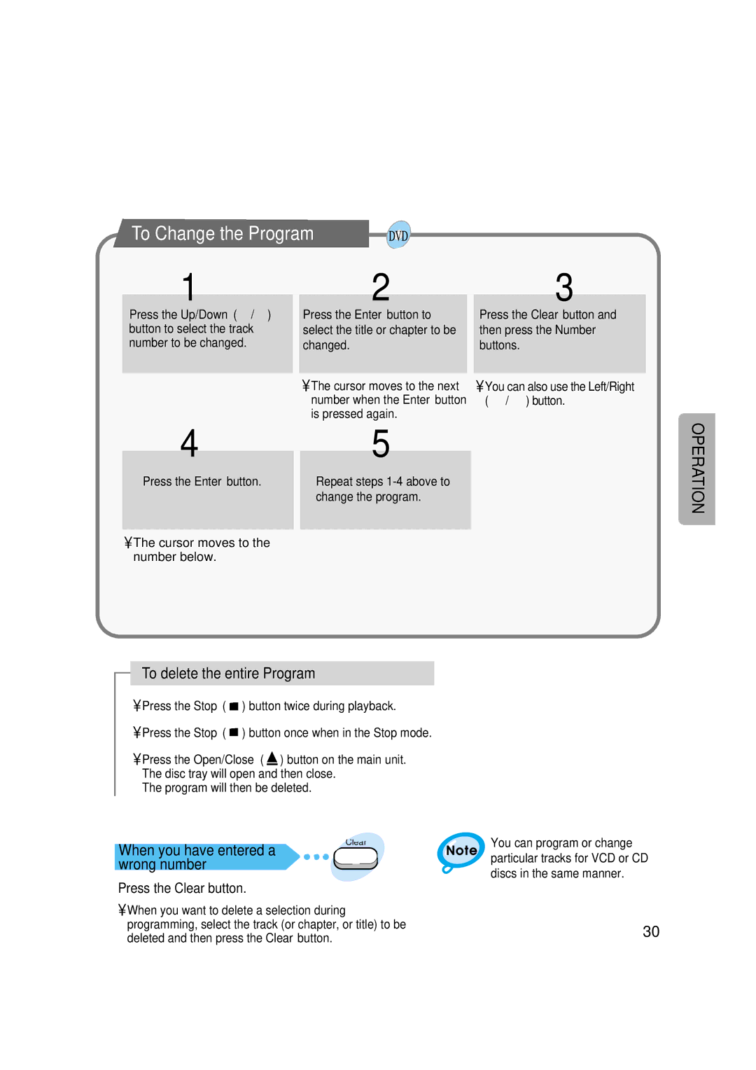 Samsung HT-SK6 instruction manual To Change the Program, To delete the entire Program, Press the Clear button 