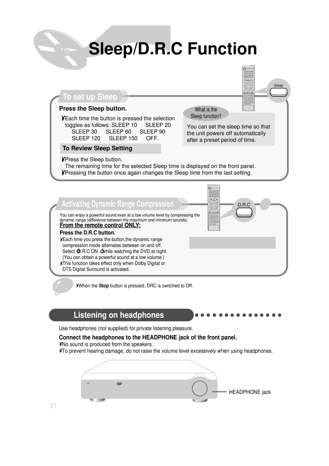 Samsung HT-SK6 Sleep/D.R.C Function, To set up Sleep, Activating Dynamic Range Compression, Listening on headphones 