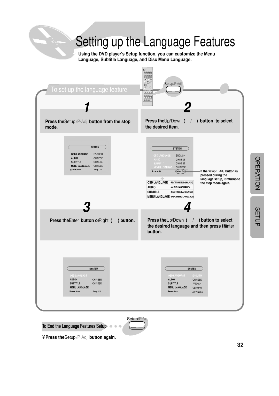 Samsung HT-SK6 instruction manual Setting up the Language Features 