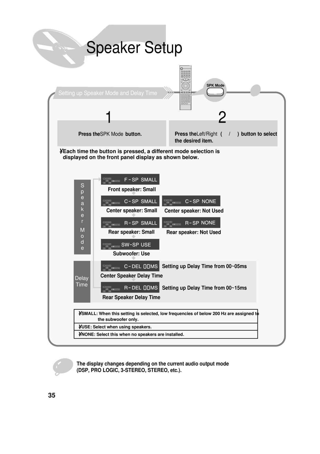 Samsung HT-SK6 instruction manual Speaker Setup, Setting up Speaker Mode and Delay Time 