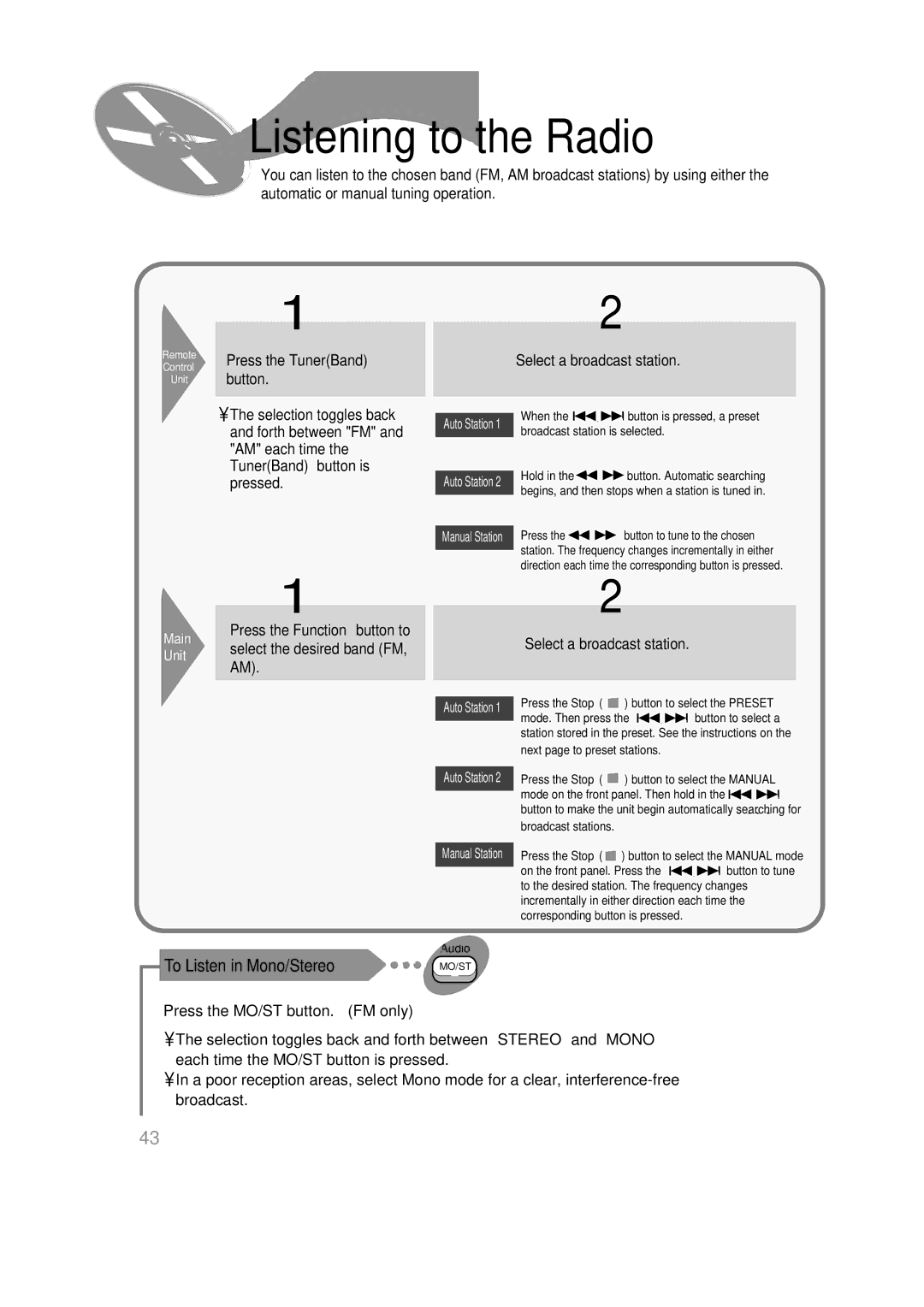 Samsung HT-SK6 instruction manual Listening to the Radio, To Listen in Mono/Stereo, Press the MO/ST button. FM only 