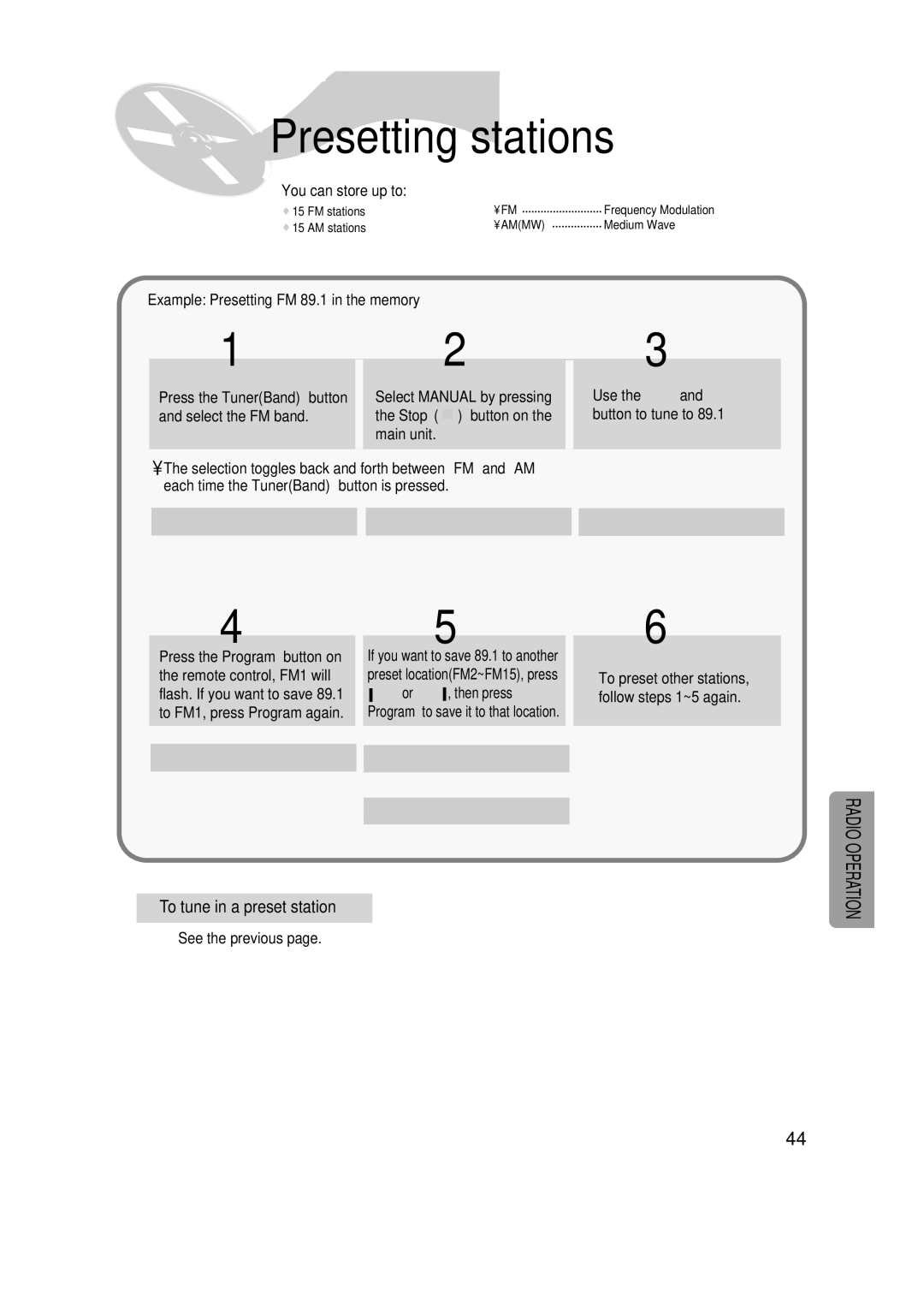 Samsung HT-SK6 instruction manual Presetting stations, To tune in a preset station 