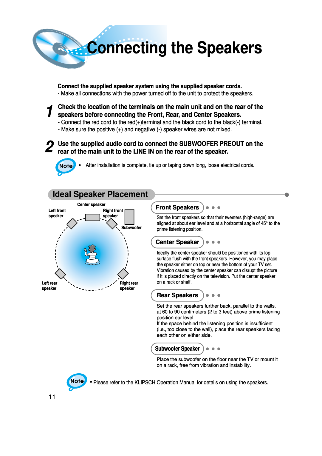Samsung HT-SK6 instruction manual Connecting the Speakers, Ideal Speaker Placement 