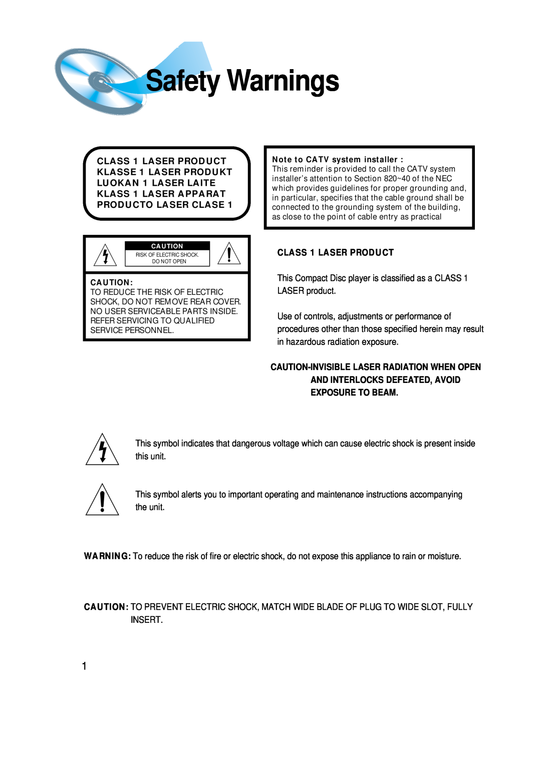 Samsung HT-SK6 instruction manual SafetyWarnings, CLASS 1 LASER PRODUCT 
