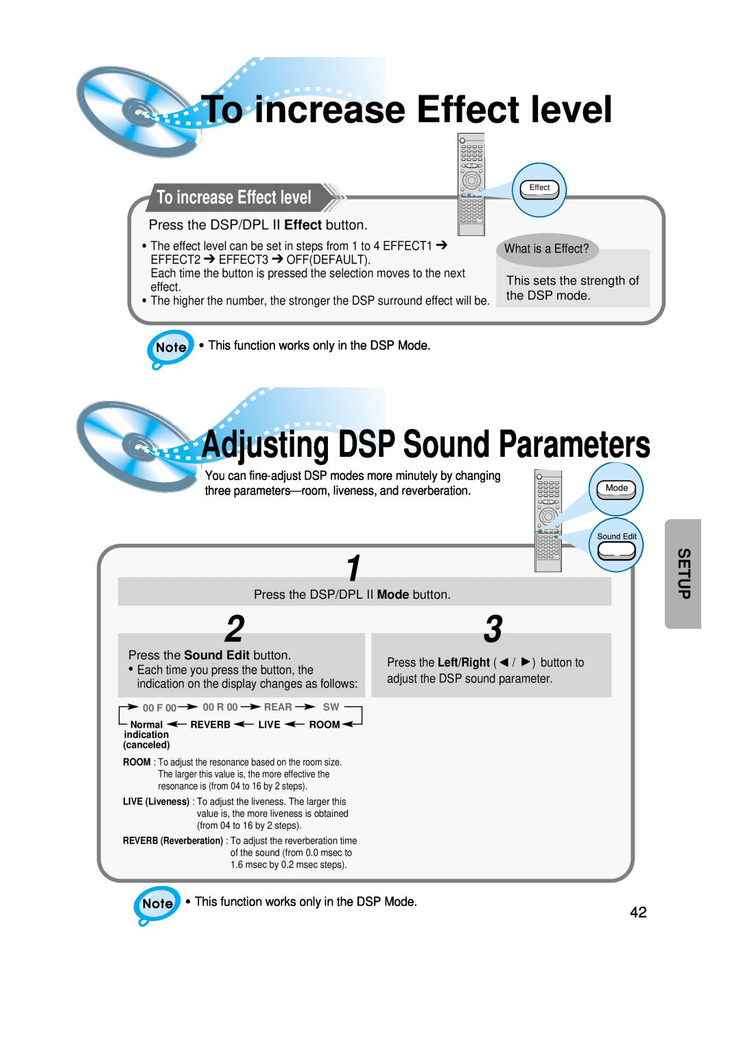 Samsung HT-SK6 instruction manual To increase Effect level, Adjusting DSP Sound Parameters, Setup 
