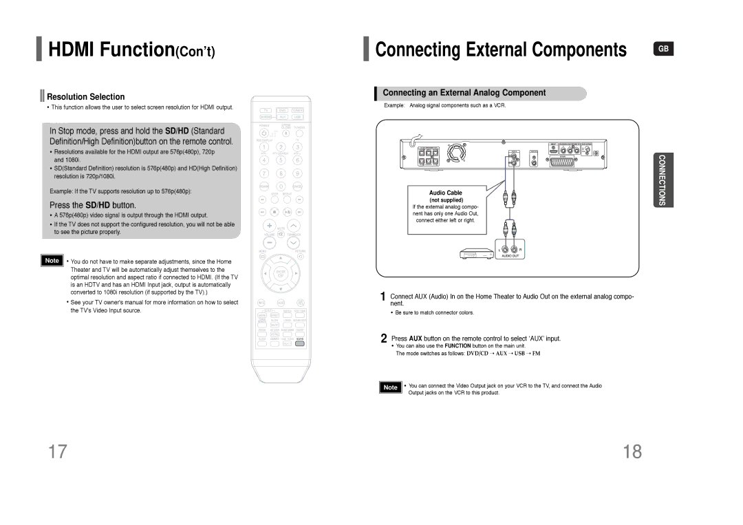 Samsung HT-THQ22 Hdmi FunctionCon’t, Resolution Selection, Press the SD/HD button, Connecting an External Analog Component 