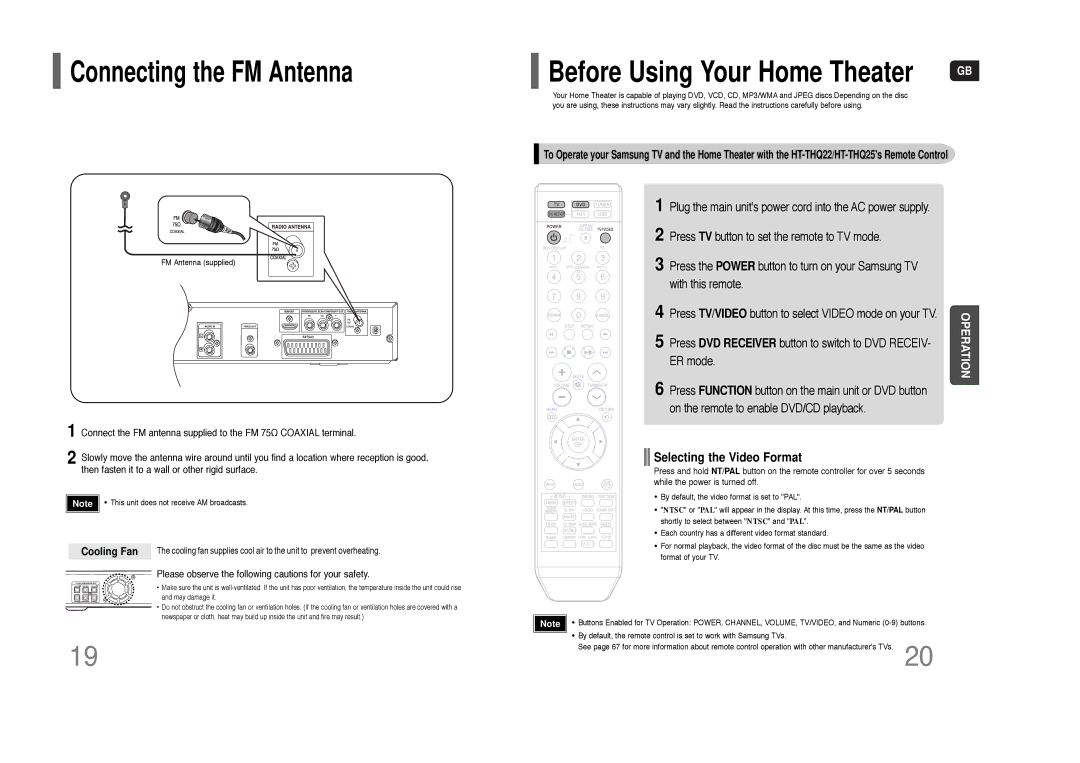 Samsung HT-THQ25, HT-THQ22 instruction manual Selecting the Video Format, Cooling Fan 