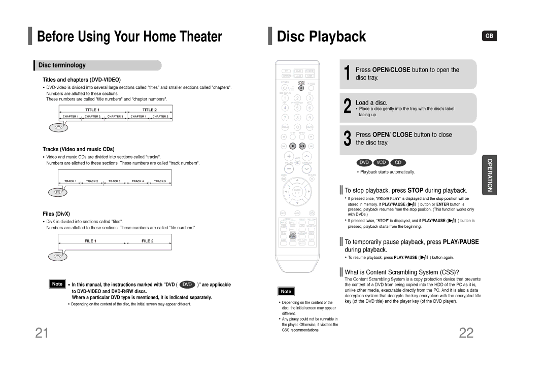 Samsung HT-THQ22, HT-THQ25 instruction manual Disc terminology, Press OPEN/CLOSE button to open the disc tray Load a disc 