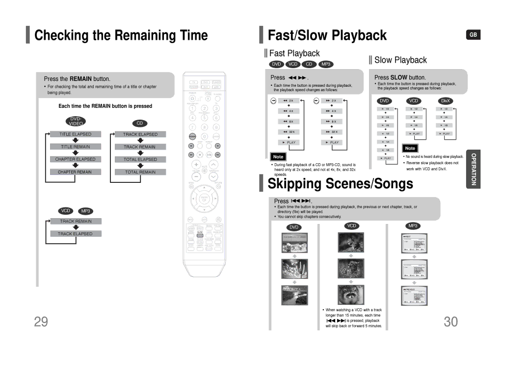 Samsung HT-THQ22, HT-THQ25 Skipping Scenes/Songs, Checking the Remaining Time, Press the Remain button, Press Slow button 