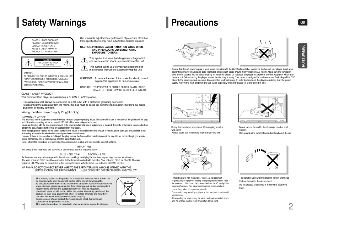 Samsung HT-THQ22, HT-THQ25 instruction manual Safety Warnings PrecautionsGB, Class 1 Laser Product 